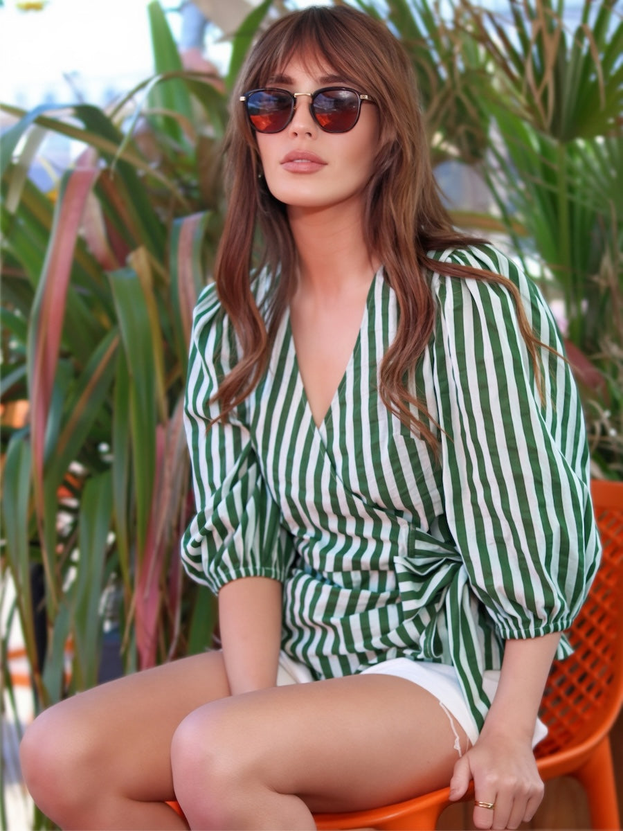Cara Wrap Blouse Green Stripes