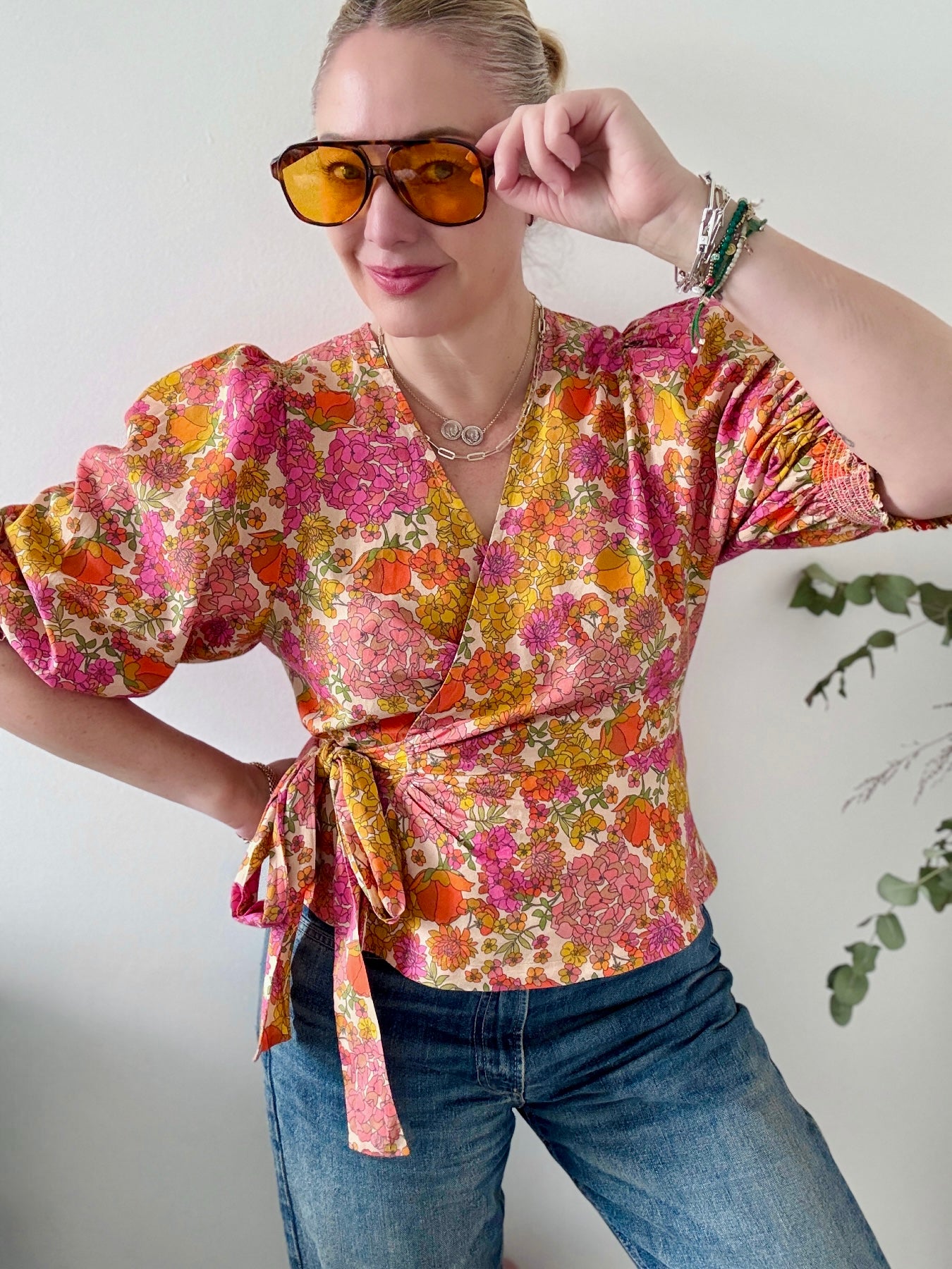 Cara Wrap Blouse with Shirred Cuff Vintage Floral Bloom