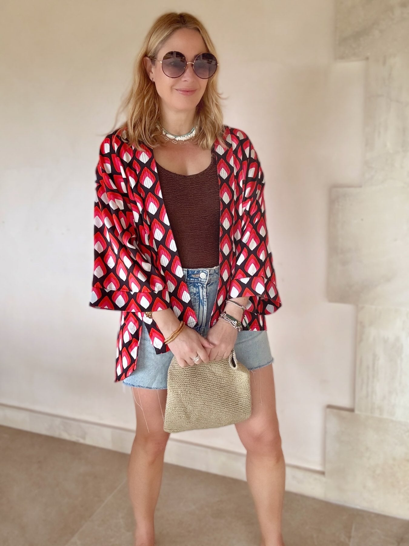 Abi Kimono Geo Print Pink Red