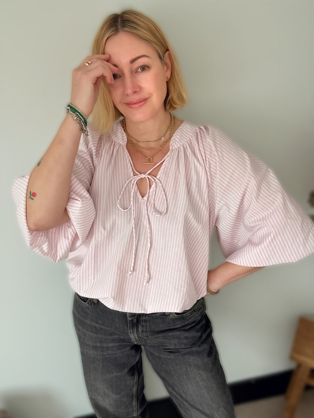 Emily Poet Blouse Soft Pink Stripe