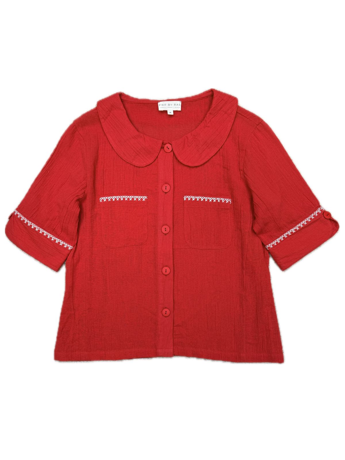 Farrah Crinkle Linen Blend Embroidered Short Sleeve Blouse Red