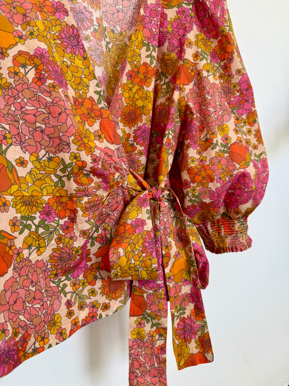 Cara Wrap Blouse with Shirred Cuff Vintage Floral Bloom