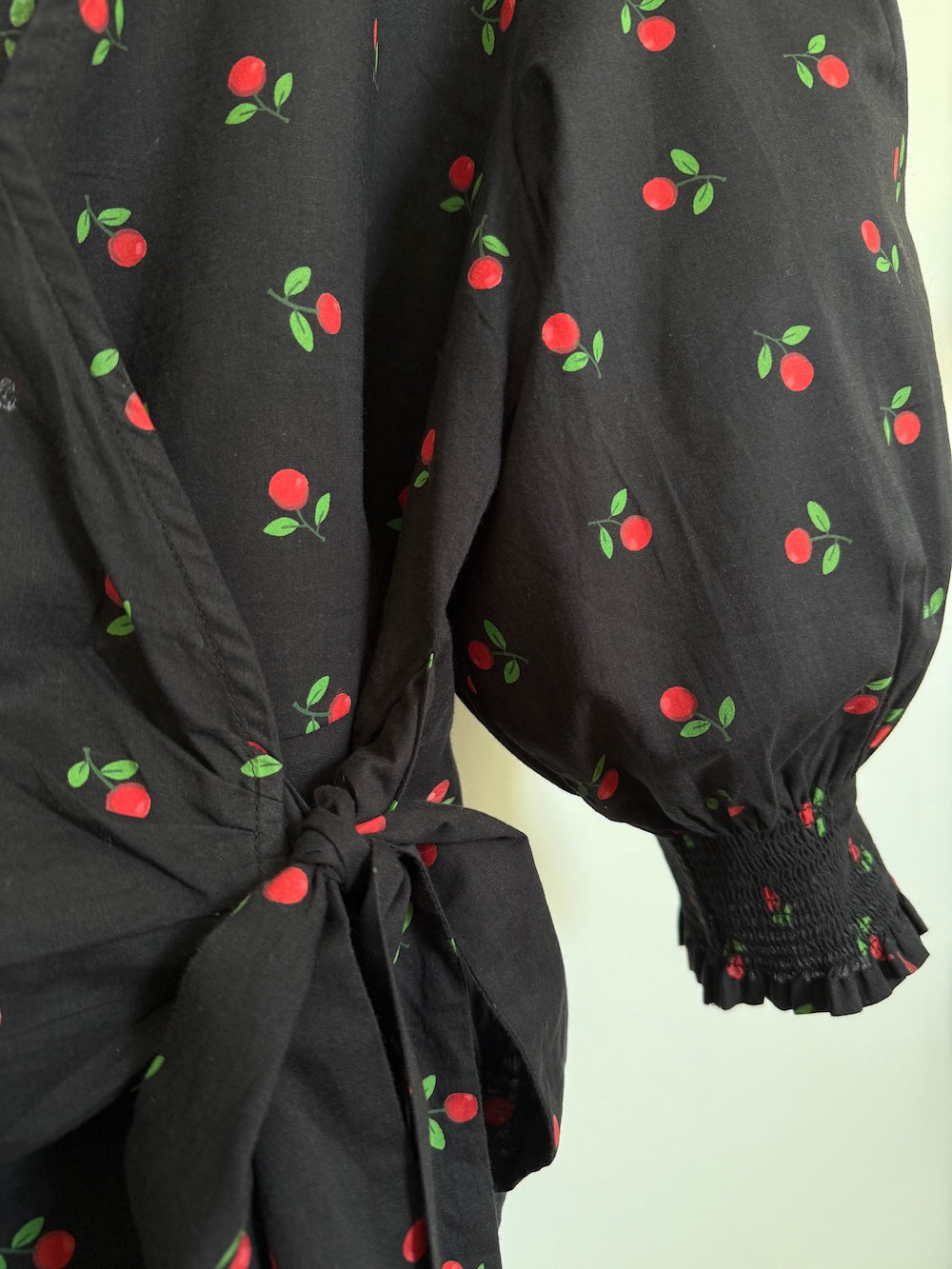 Cara Wrap Blouse with Shirred Cuff Cherry Print