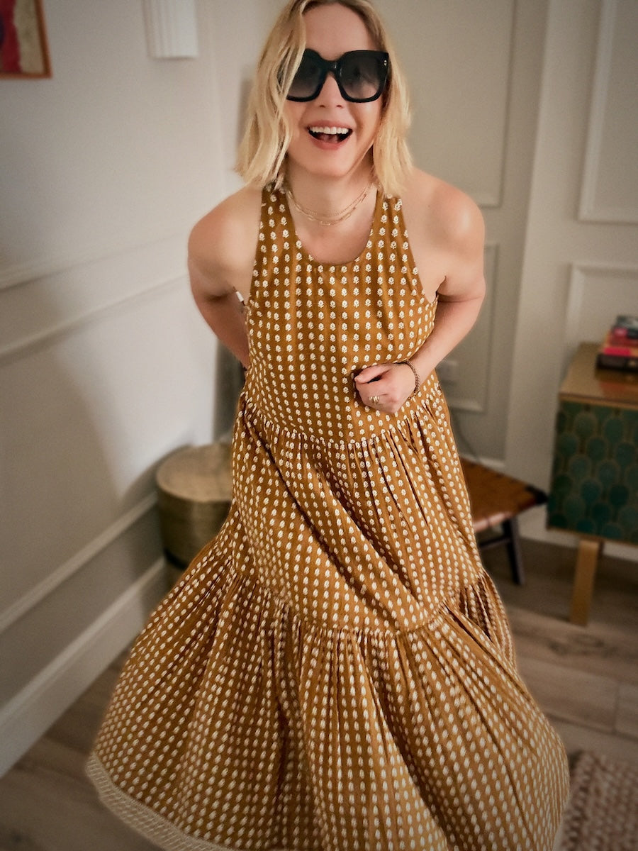 Celeste Organic Cotton Tiered Full Skirt Maxi Dress Mustard