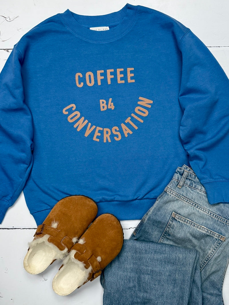 Coffee Before Conversation Sweatshirt Denim blue and Caramel