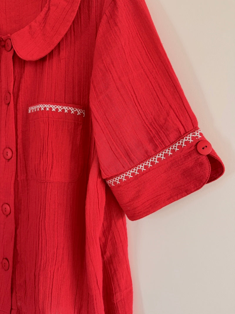 Farrah Crinkle Linen Blend Embroidered Short Sleeve Blouse Red