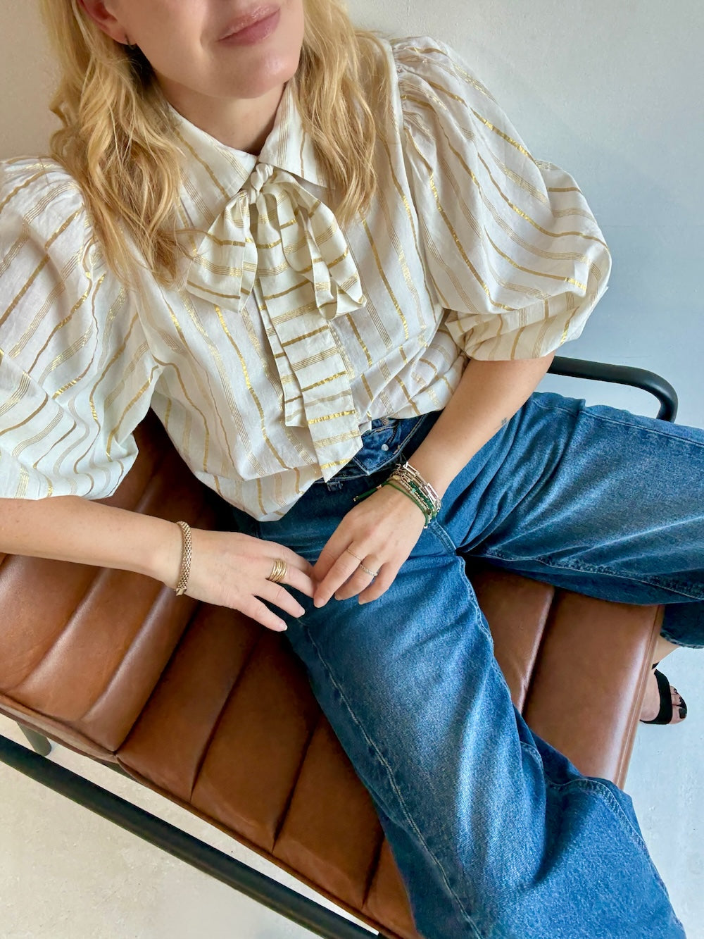 Bianca Puff Sleeve Cotton Lurex Blouse Ivory Gold