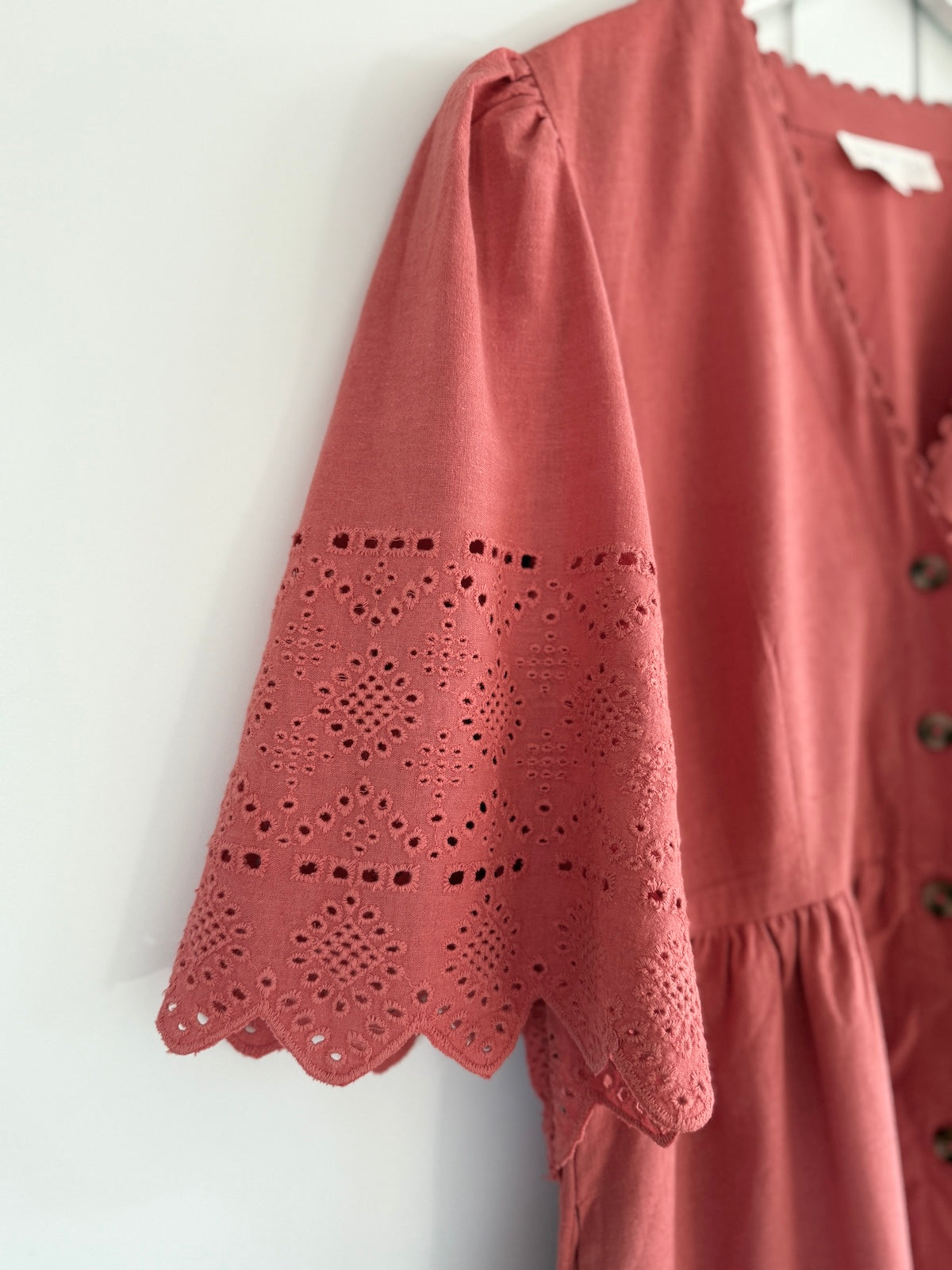 Ava Button Front Midi Dress Embroidered Sleeve Terracotta Pink