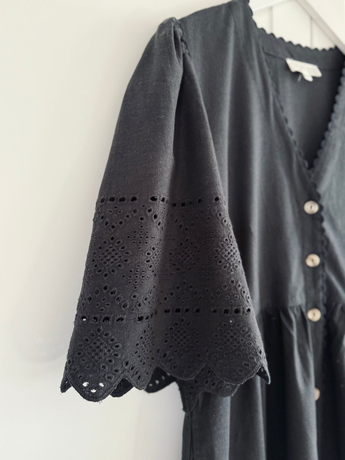 Ava Button Front Midi Dress Embroidered Sleeve Black
