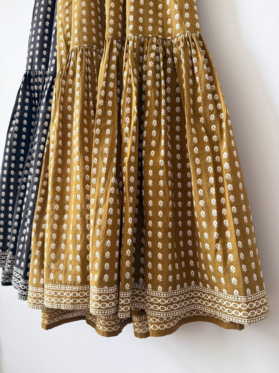 Celeste Organic Cotton Tiered Full Skirt Maxi Dress Mustard