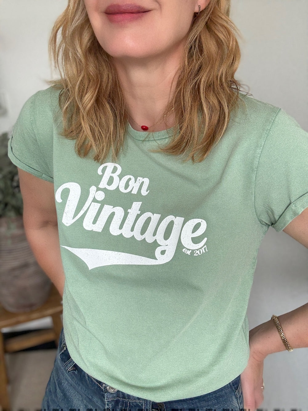 Bon Vintage Retro Tee Stone Wash Sage White