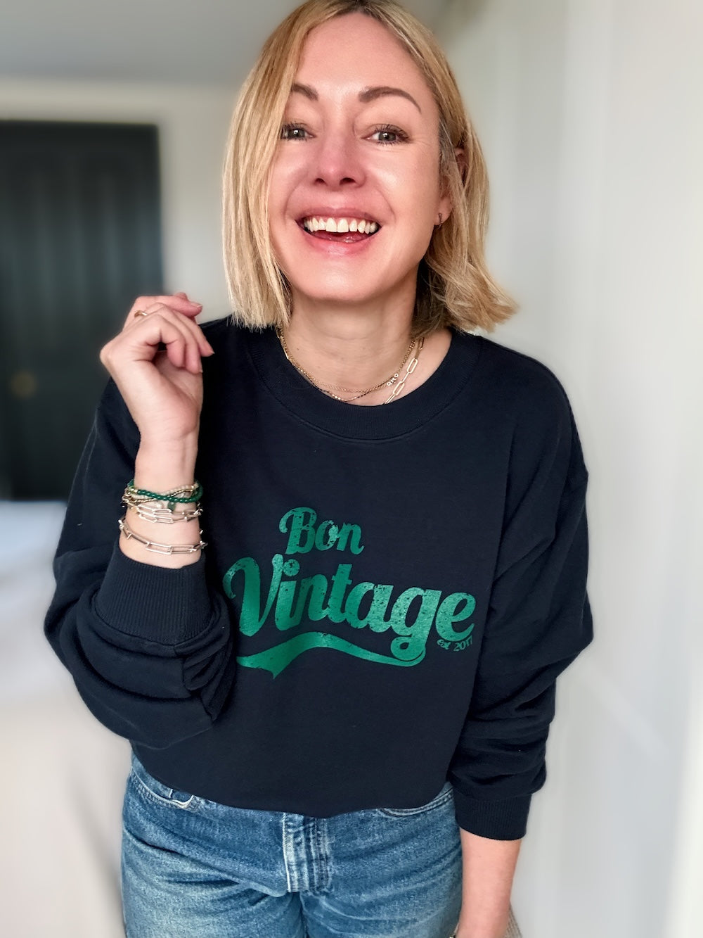 Bon Vintage Retro Sweatshirt Deep Navy and Green