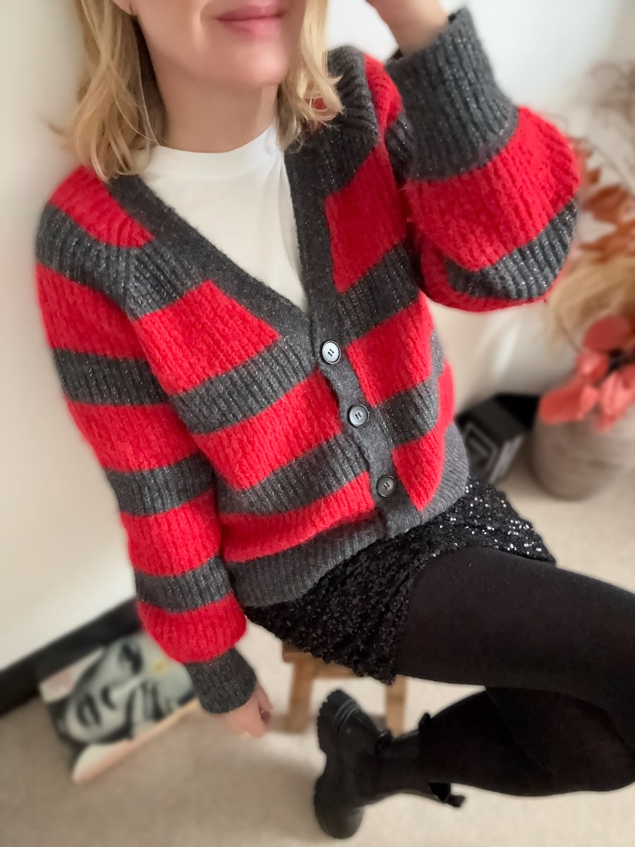 Joni Wide Stripe Wool Cardigan Red Charcoal