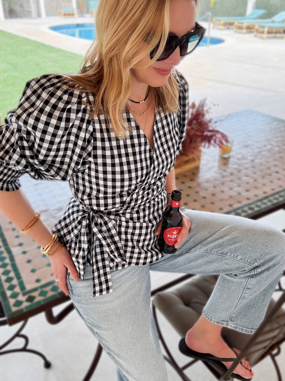 Cara Wrap Blouse with Shirred Cuff Gingham check