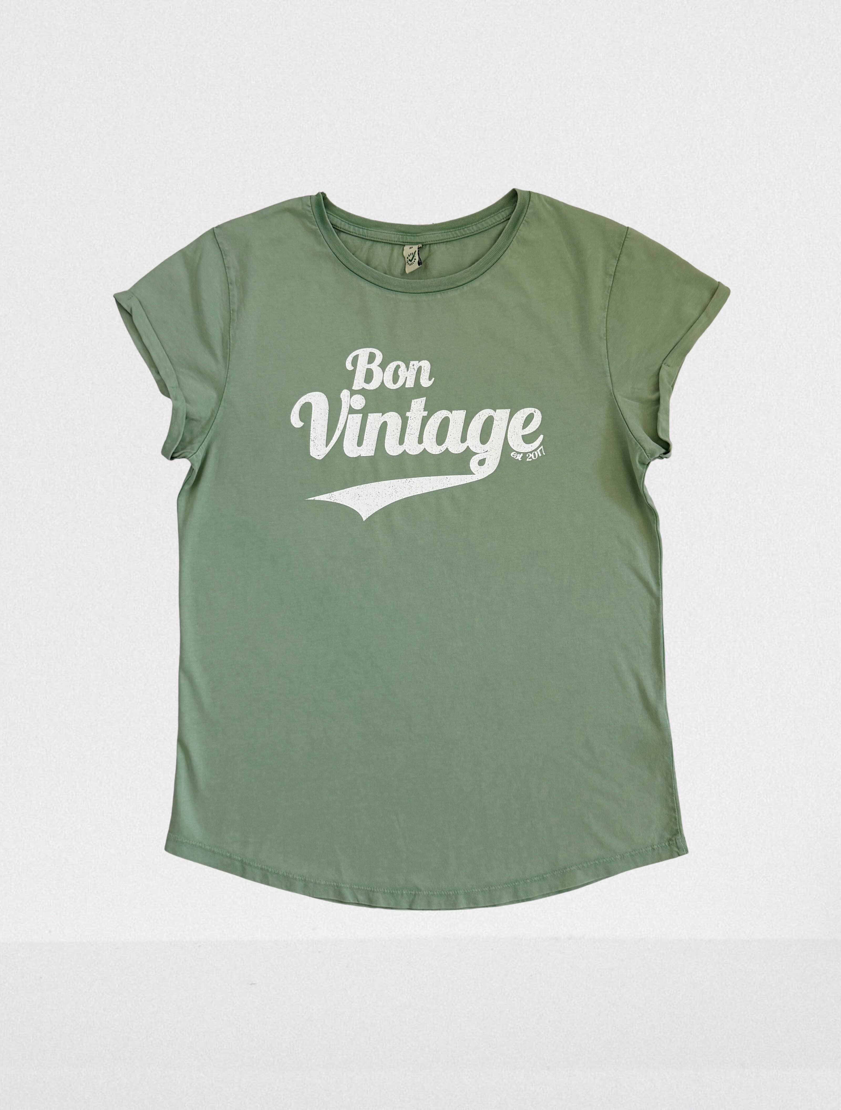 Bon Vintage Retro Tee Stone Wash Sage White