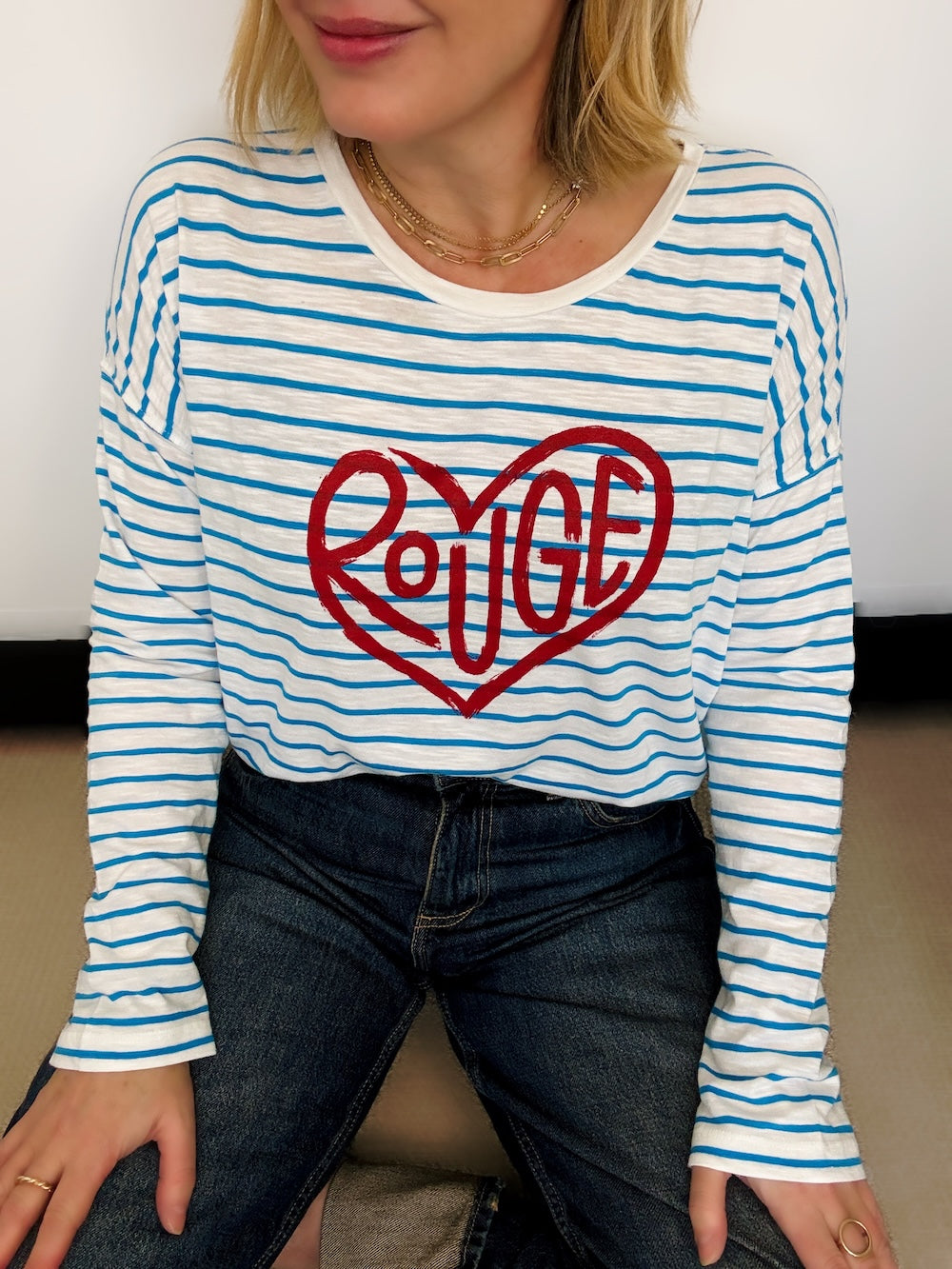 Rouge heart slogan Stripe Long Sleeve Tee Azure blue White