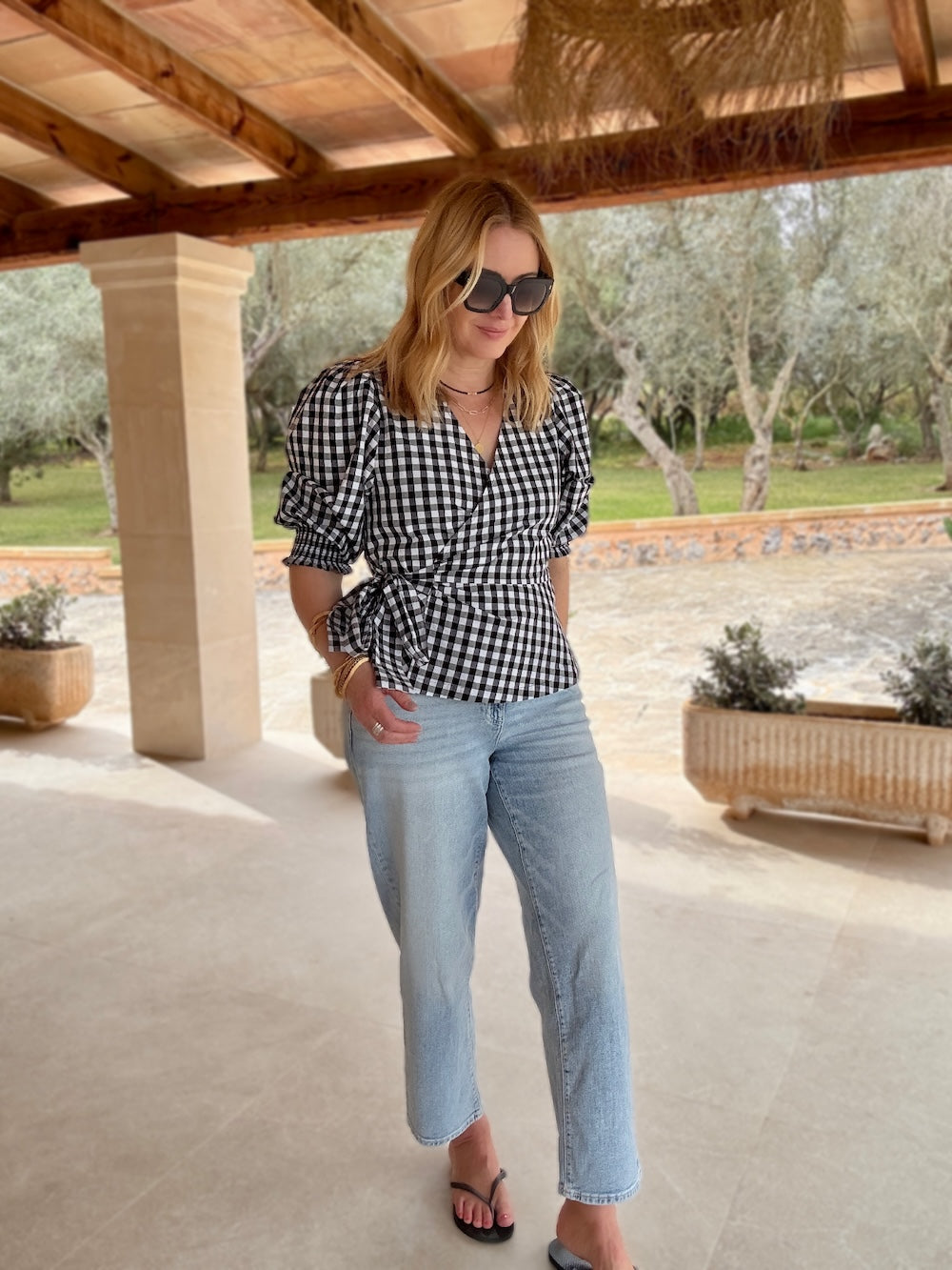 Cara Wrap Blouse with Shirred Cuff Gingham check