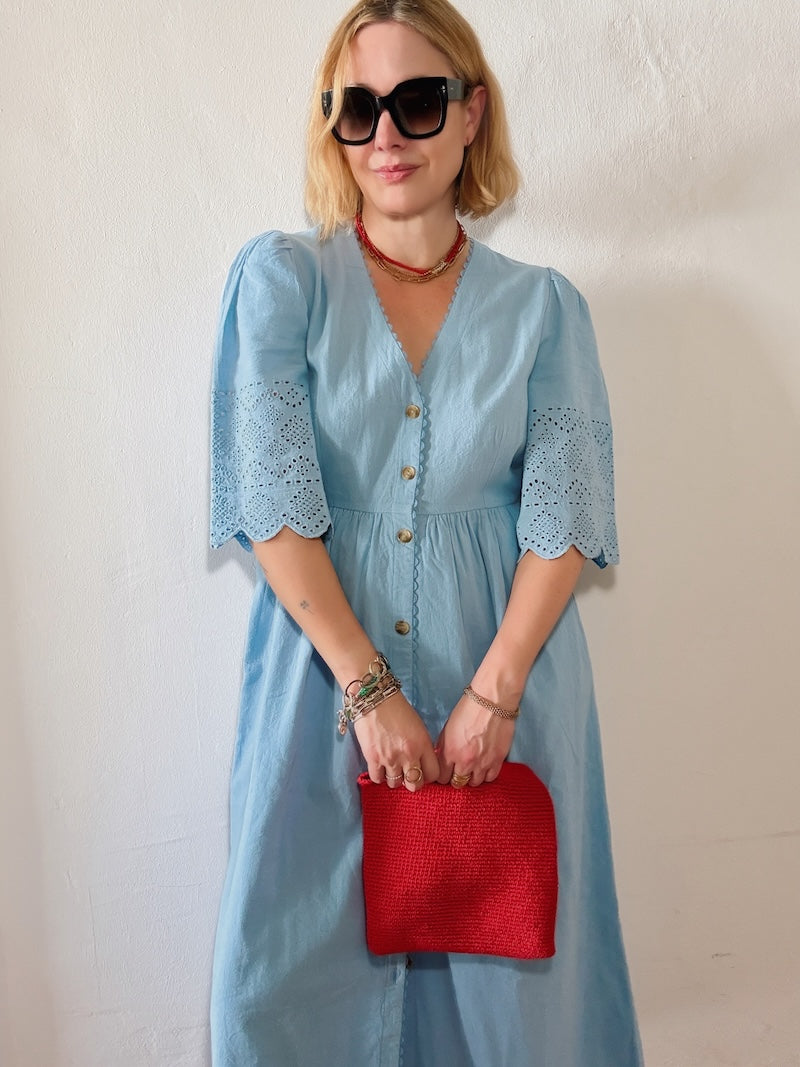 Ava Button Front Dress Lace Cut Sleeves Sky Blue