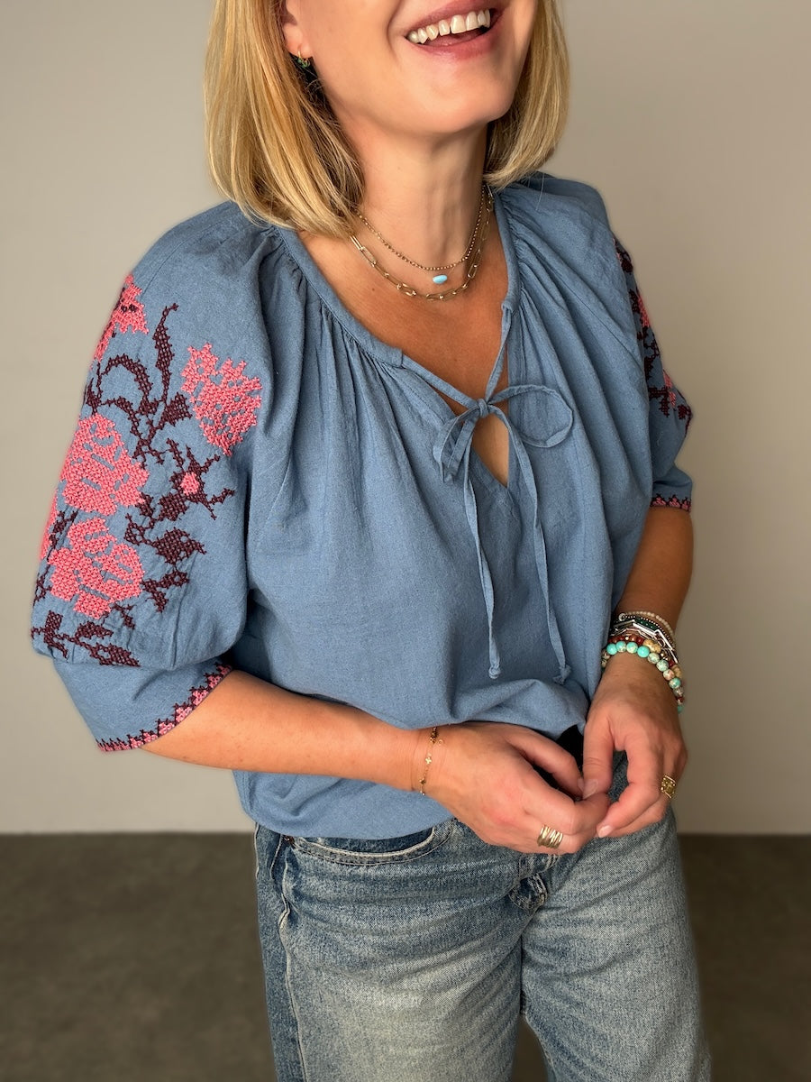 Gracey Boho Blouse Embroidered Sleeve Denim Blue