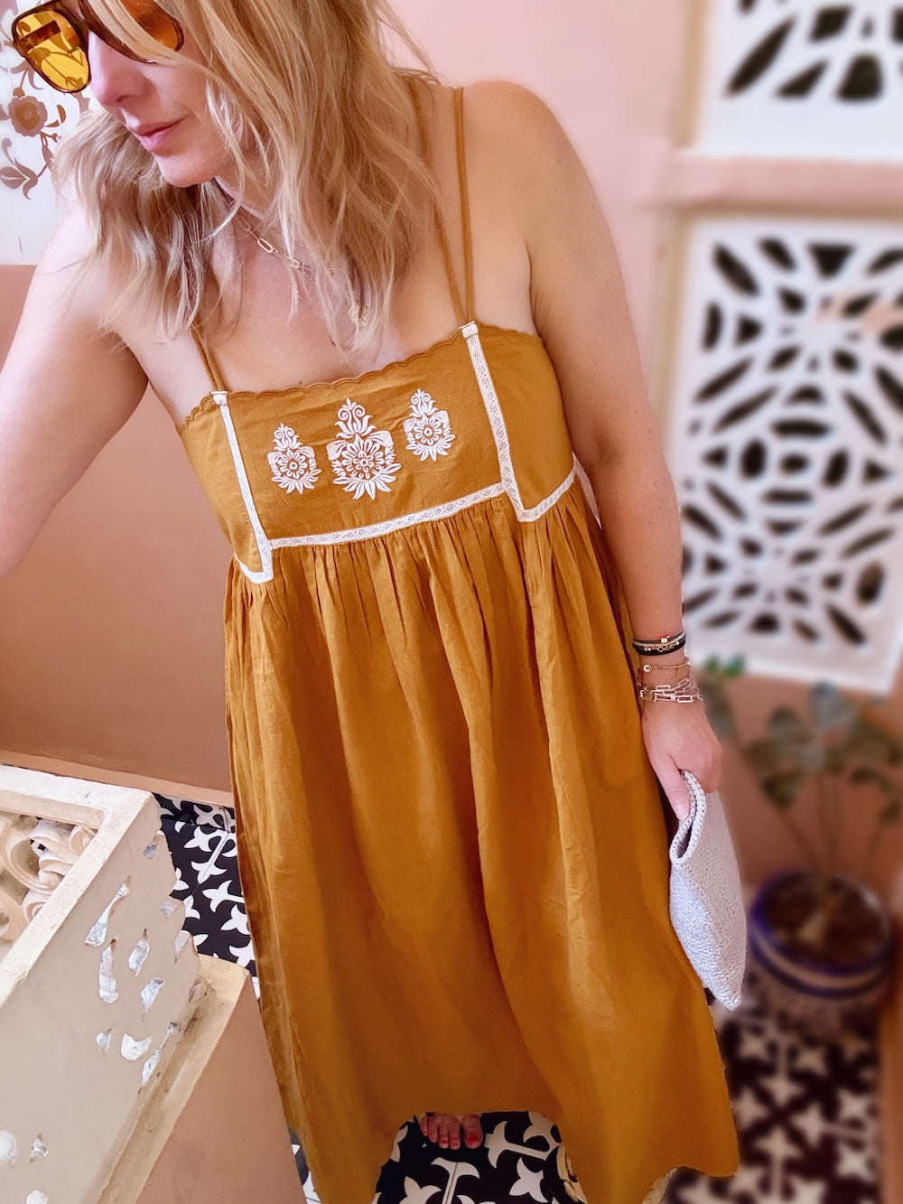 Florence Embroidered Linen Maxi Dress Mustard Gold