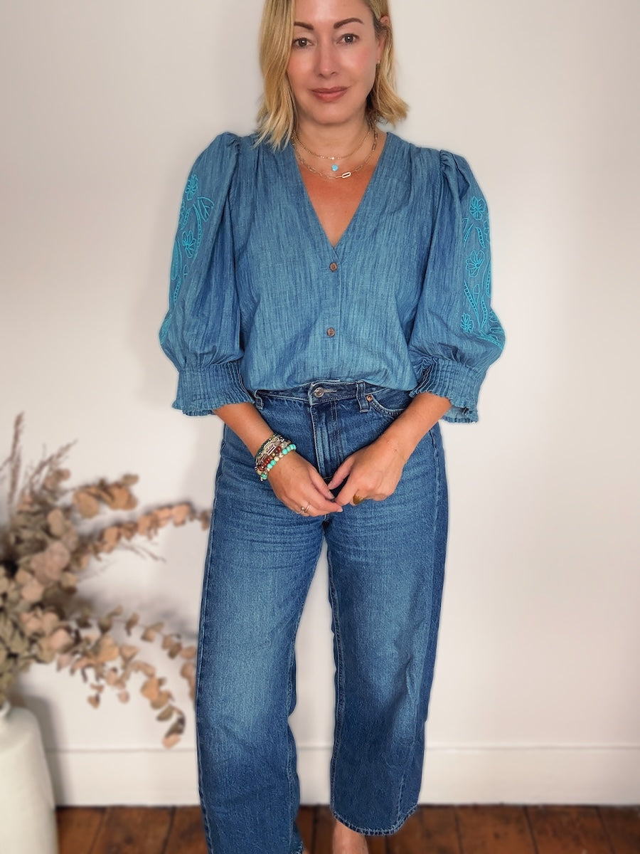 Penny Chambray Pleated Cuff Blouse Peacock Floral Embroidery