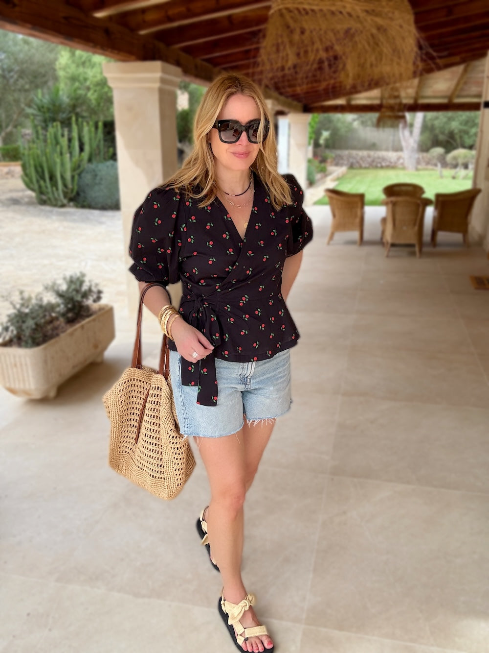 Cara Wrap Blouse with Shirred Cuff Cherry Print