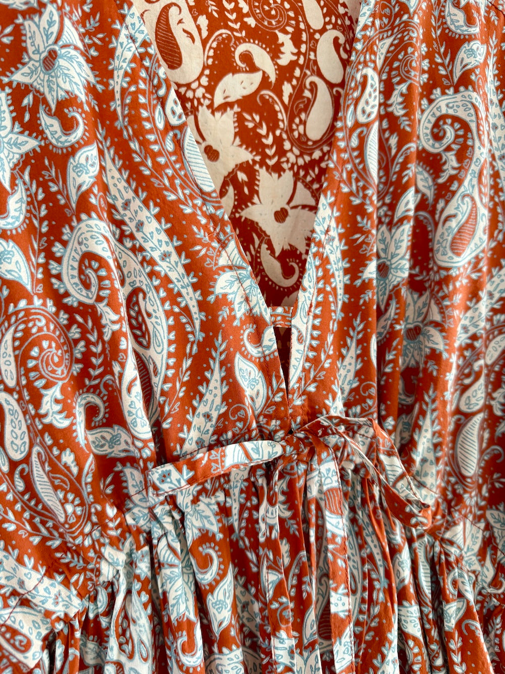 Vanessa Long Tiered Dress Floral Paisley Print Burnt Orange