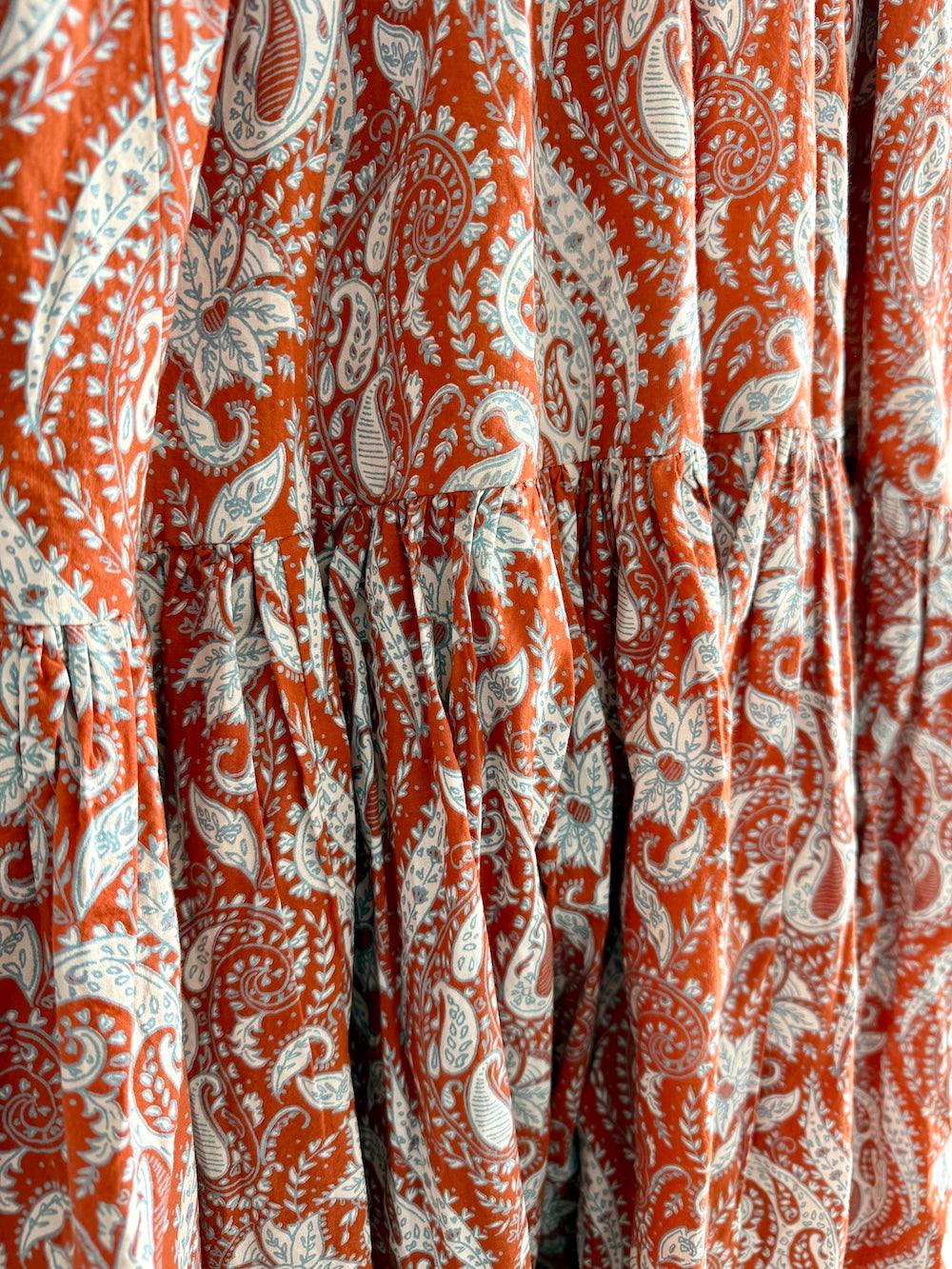 Vanessa Long Tiered Dress Floral Paisley Print Burnt Orange