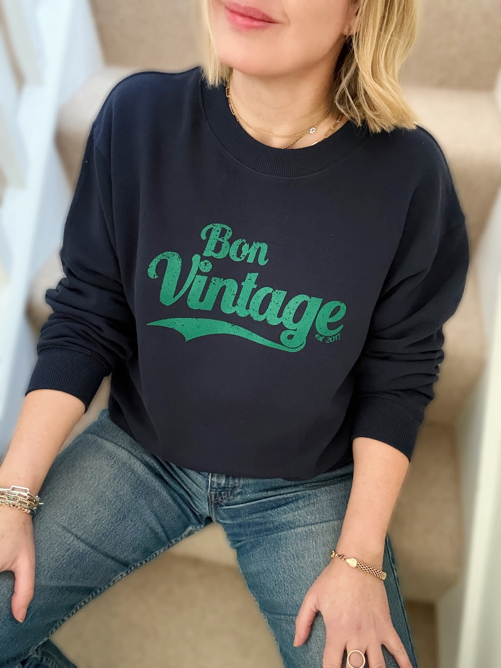 Bon Vintage Retro Sweatshirt Deep Navy and Green