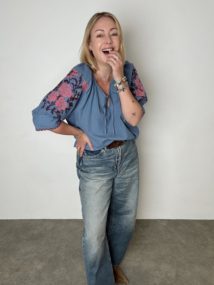Gracey Boho Blouse Embroidered Sleeve Denim Blue