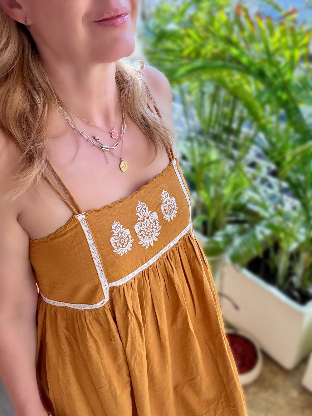 Florence Embroidered Linen Maxi Dress Mustard Gold