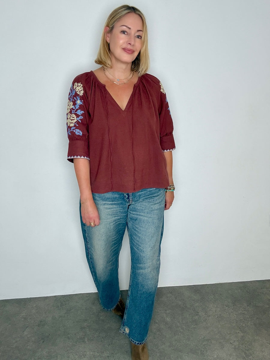 Gracey Boho Blouse Embroidered Sleeve Brandy Brown