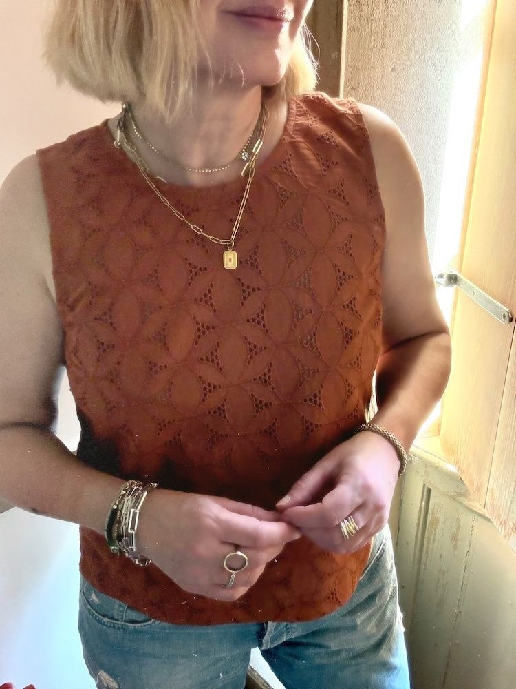 Nancy Broderie Shell Top Gingerbread Brown