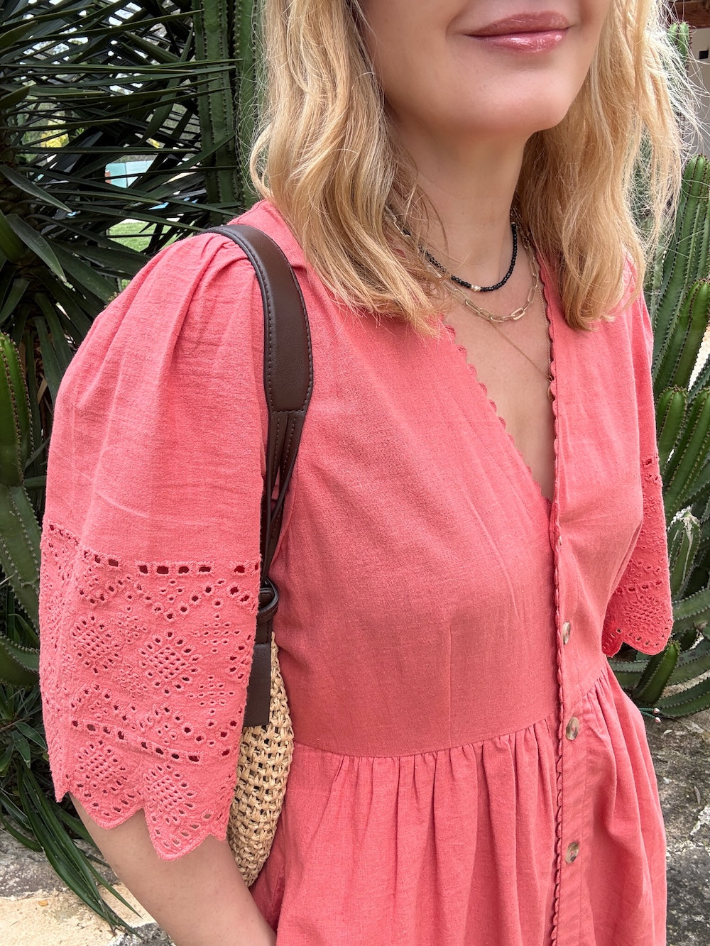 Ava Button Front Midi Dress Embroidered Sleeve Terracotta Pink