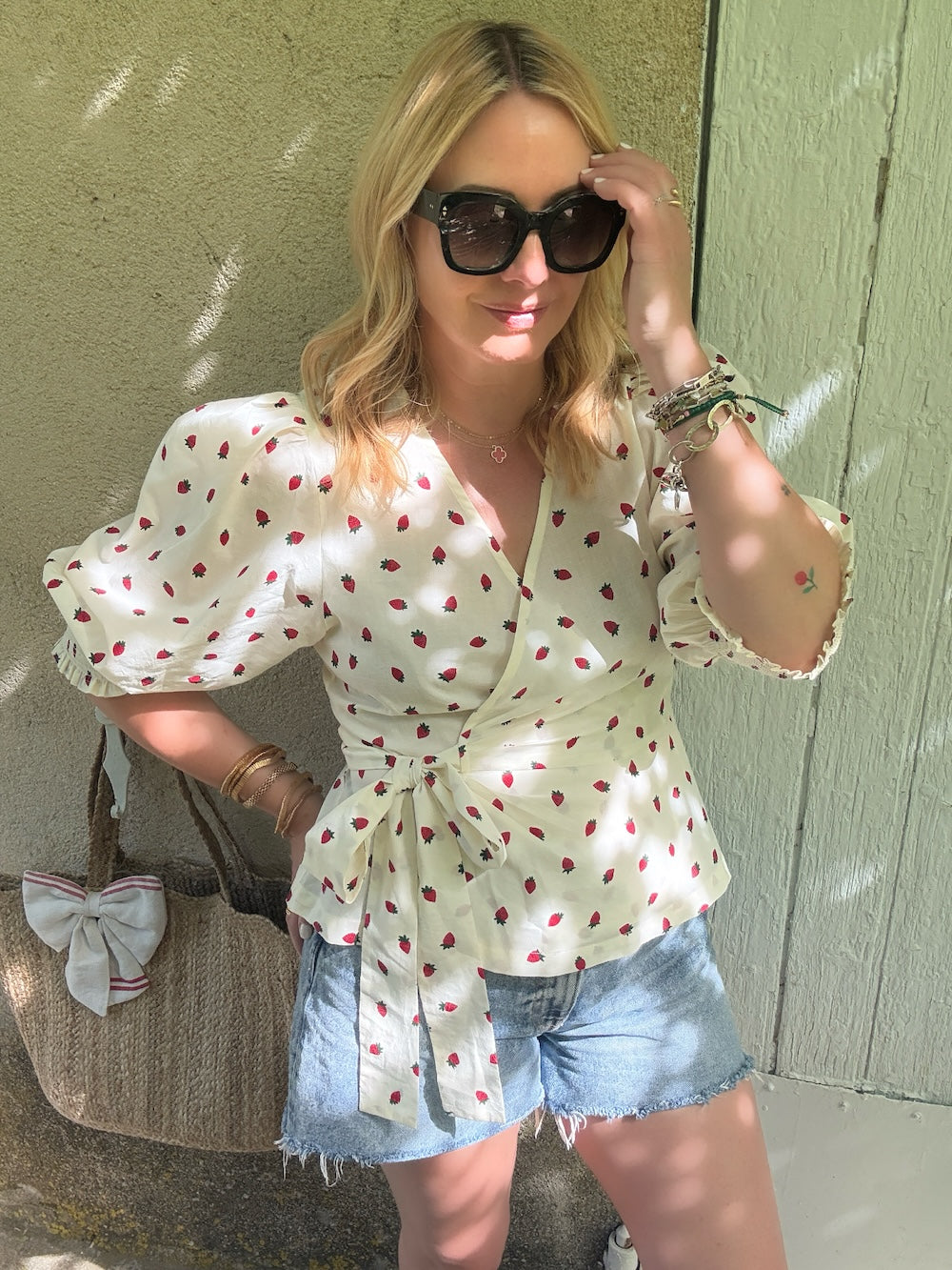 Cara Wrap Blouse with Shirred Cuff Red Strawberries