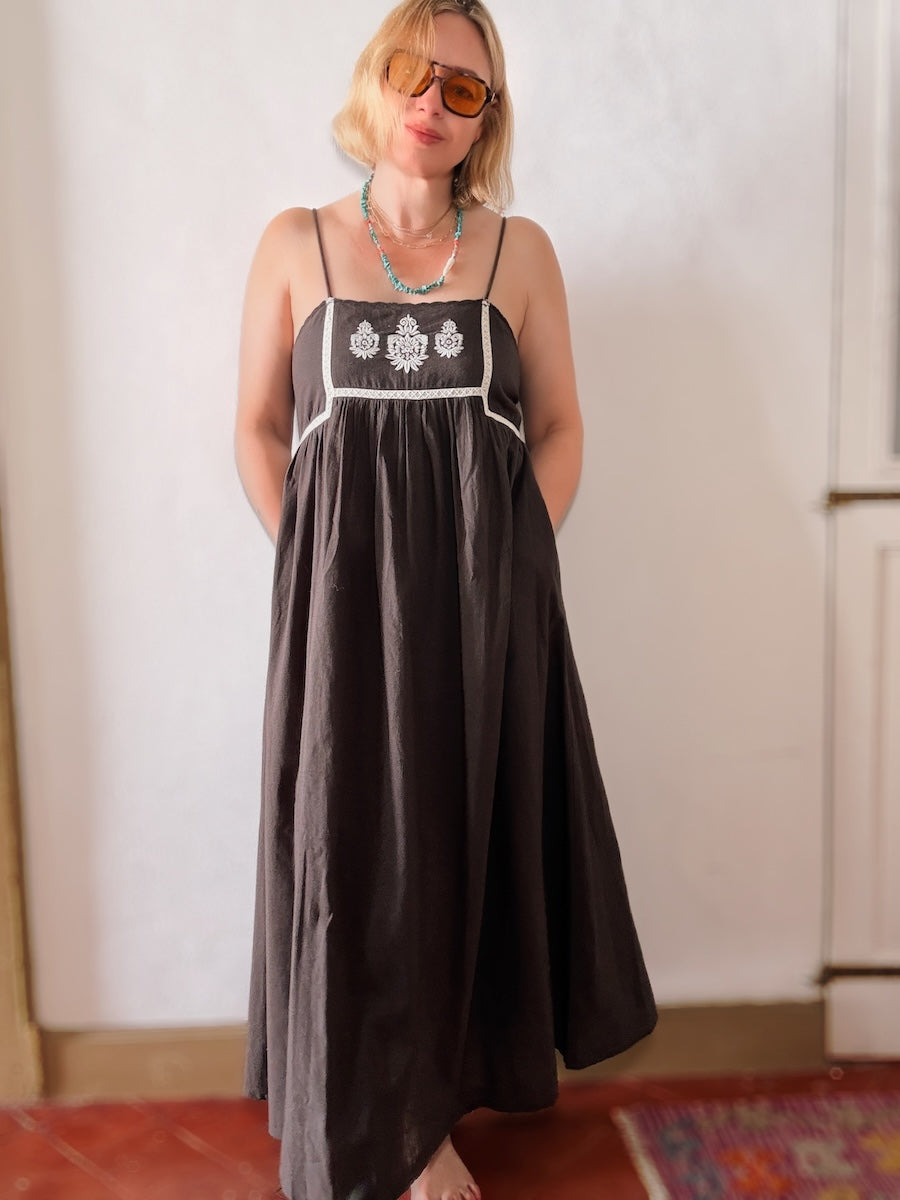 Florence Embroidered Linen Maxi dress Dark Liquorice Brown