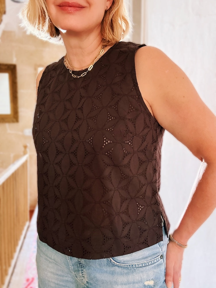 Nancy Broderie Shell Top Dark Liquorice Brown