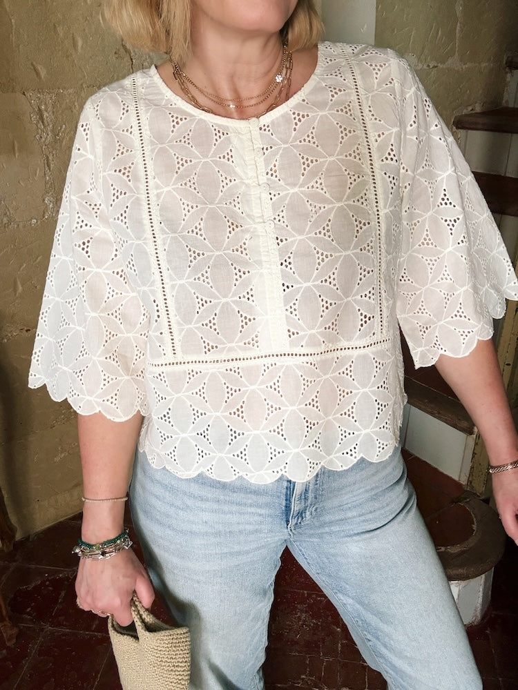 Sadie Broderie Blouse Scalloped Edge Cream