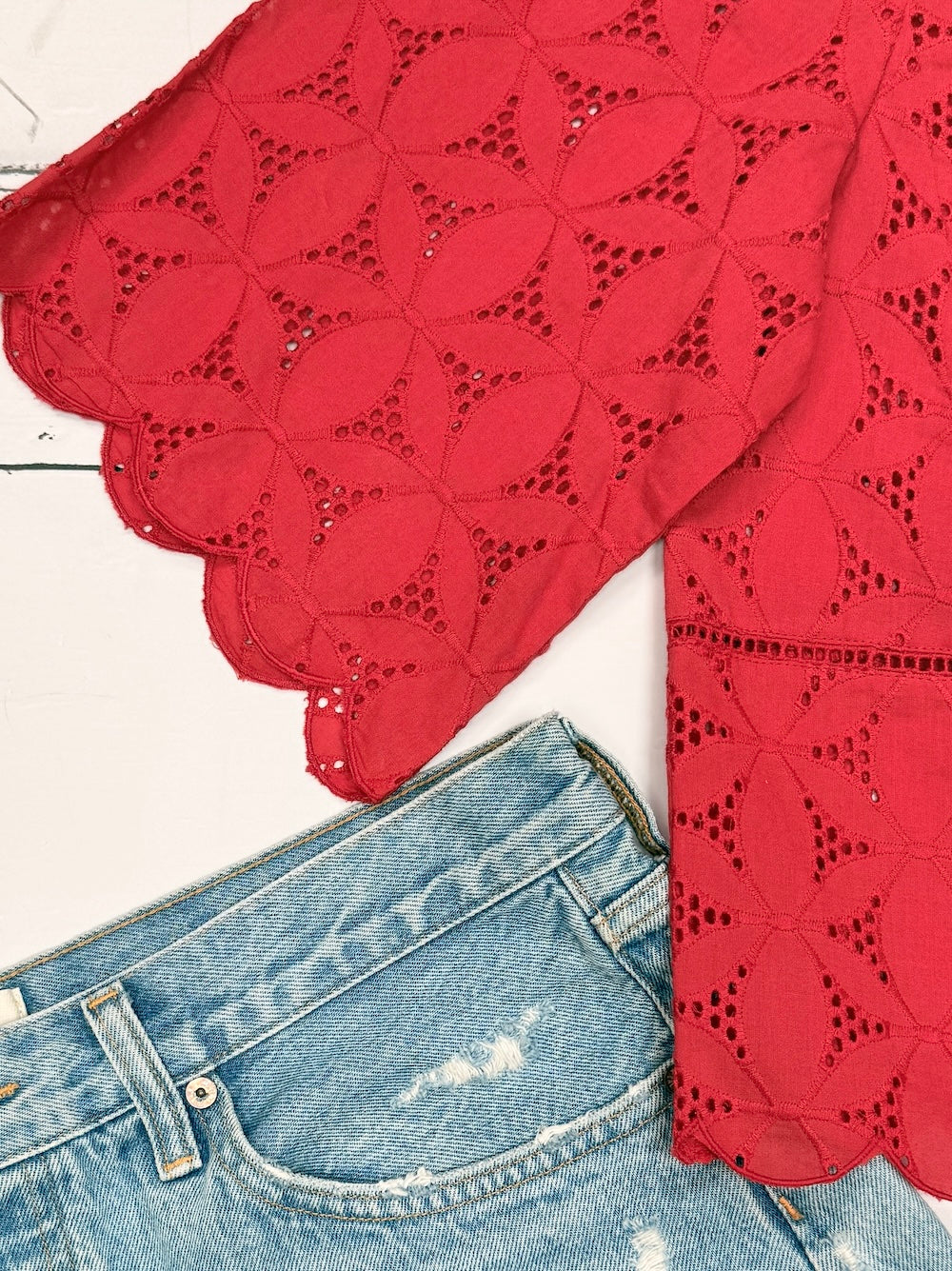 Sadie Broderie Blouse Scalloped Edge Red
