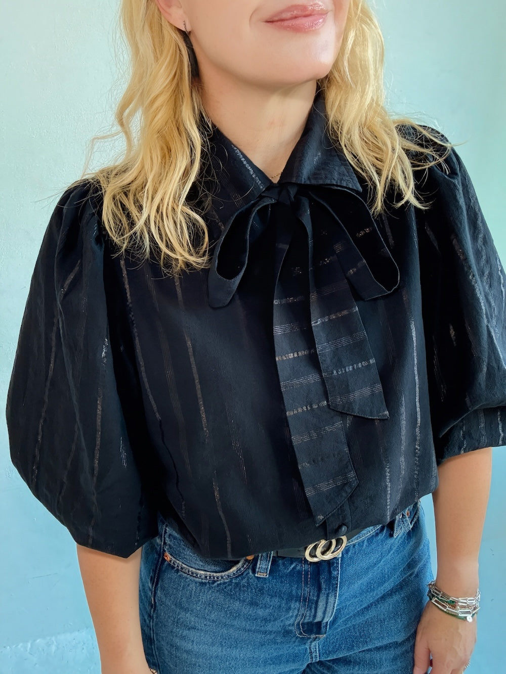 Bianca Puff Sleeve Cotton Lurex Blouse with Tie Black