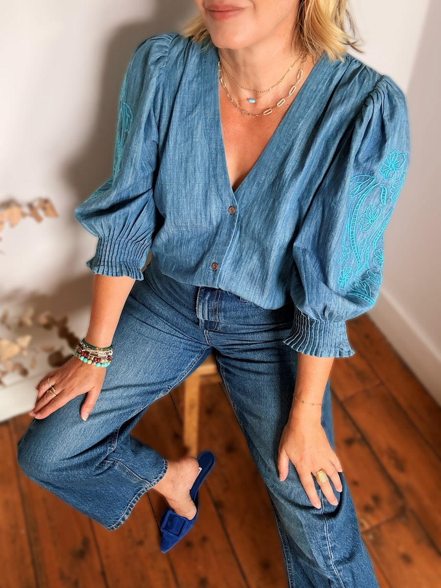 Penny Chambray Pleated Cuff Blouse Peacock Floral Embroidery