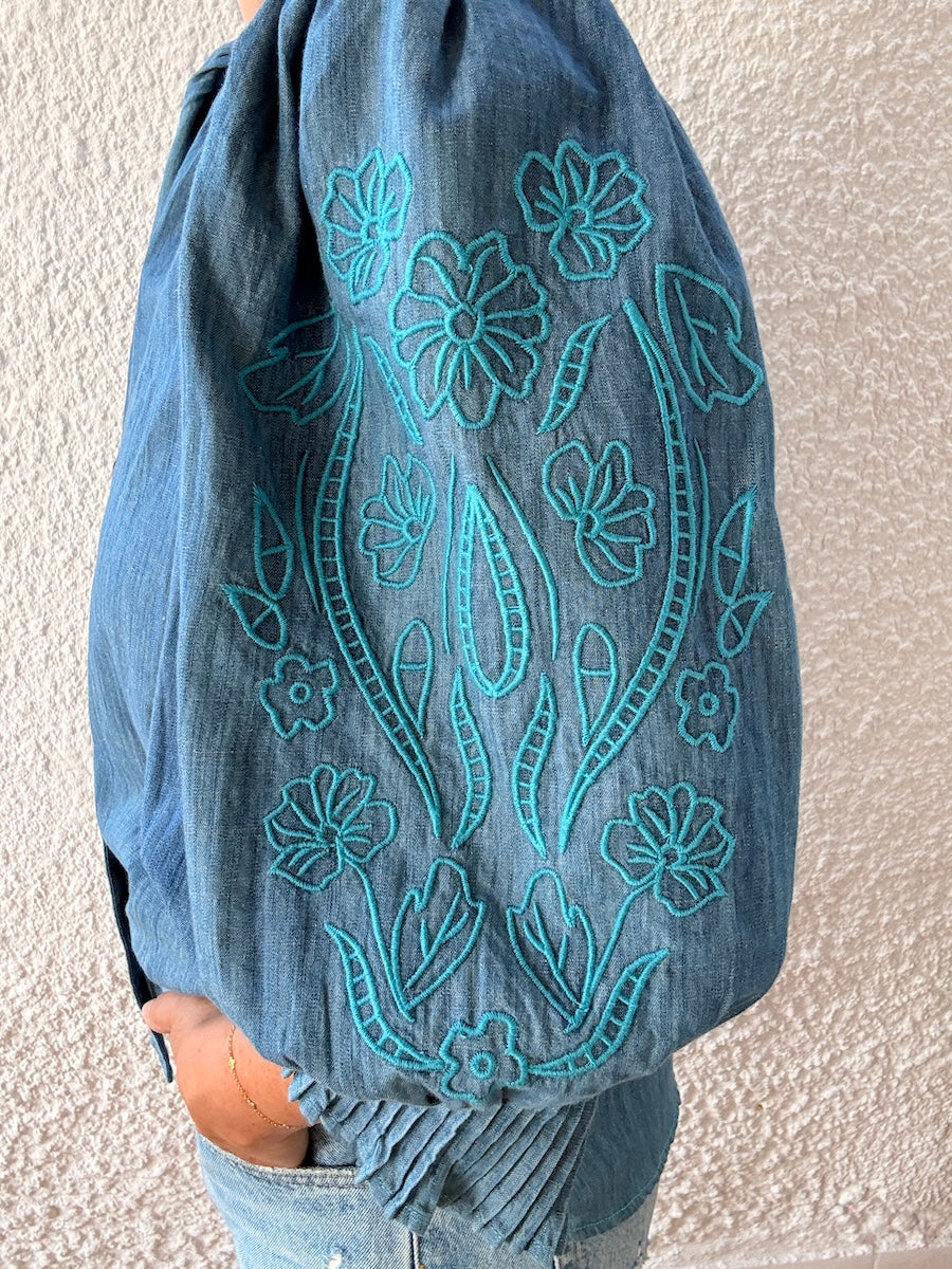 Penny Chambray Pleated Cuff Blouse Peacock Floral Embroidery