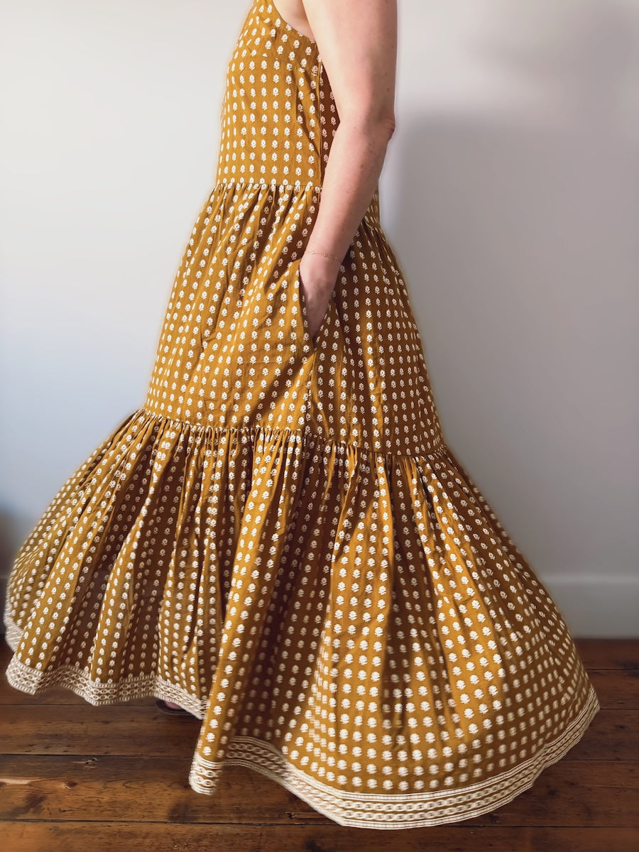 Celeste Organic Cotton Tiered Full Skirt Maxi Dress Mustard