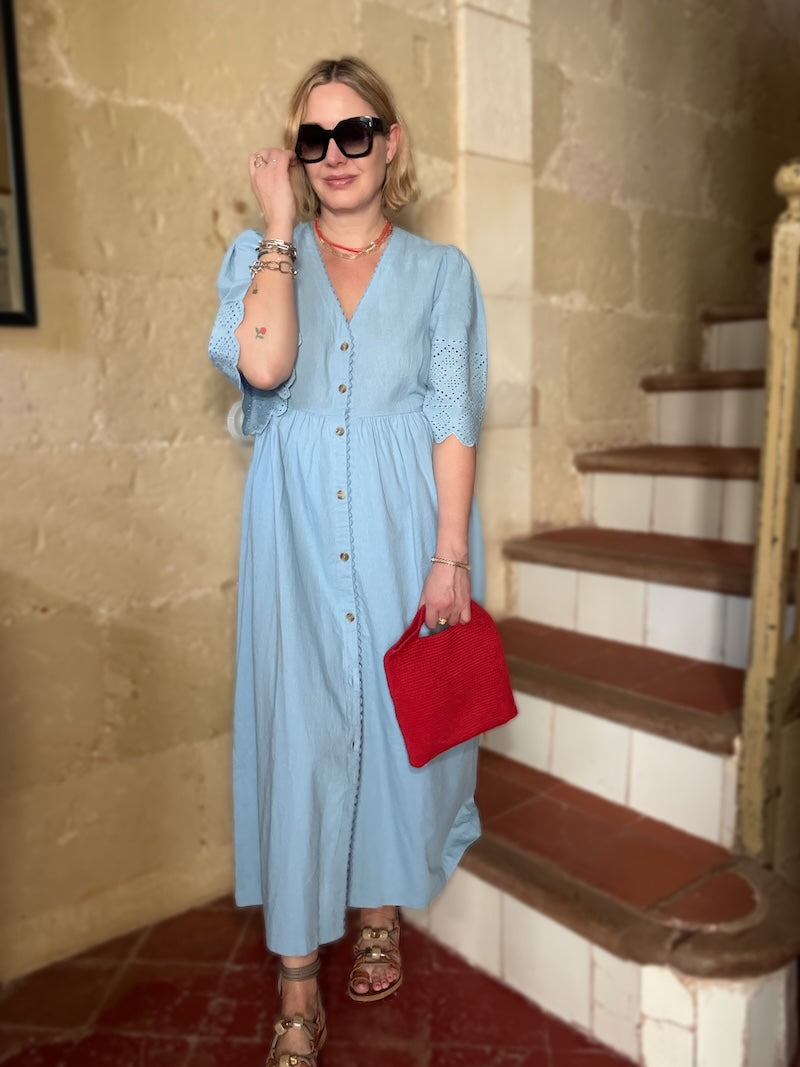 Ava Button Front Dress Lace Cut Sleeves Sky Blue
