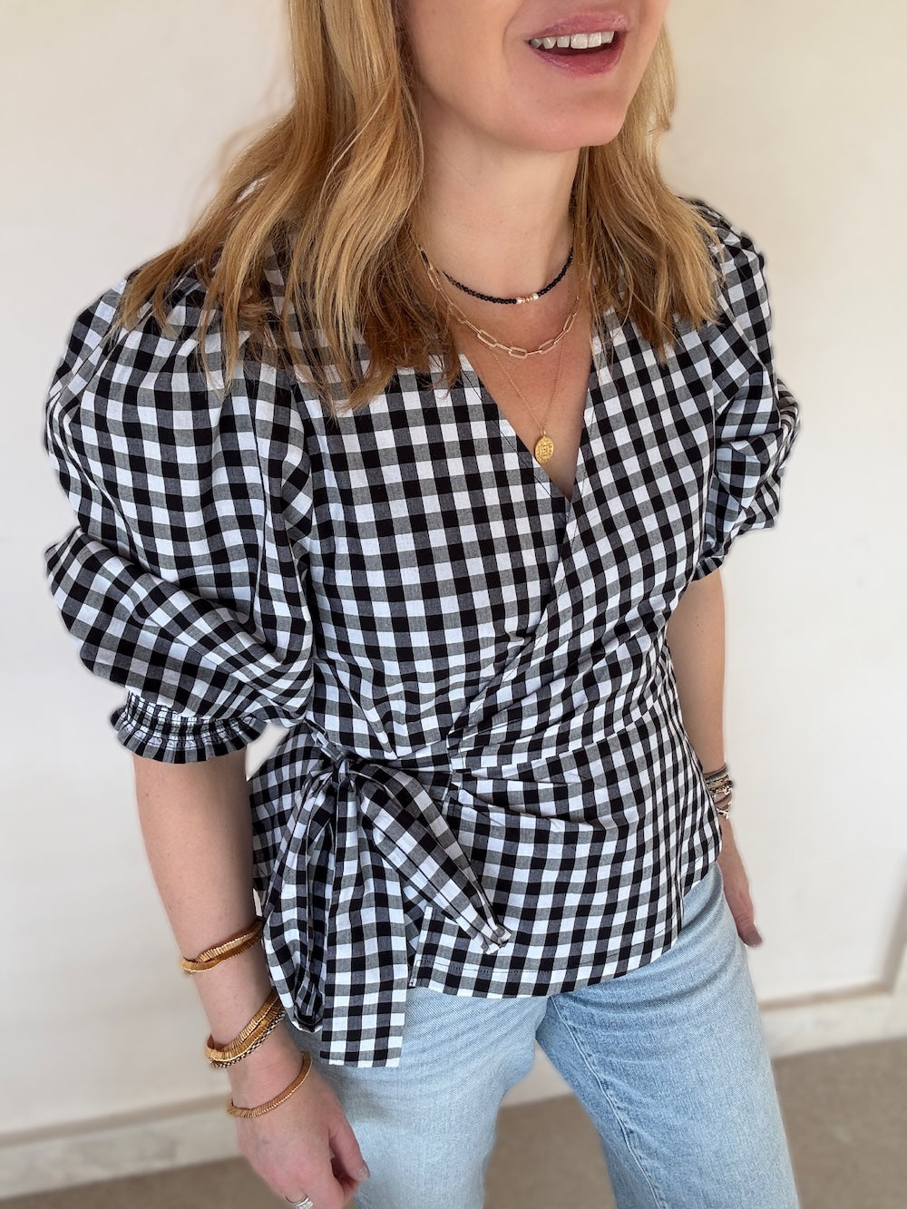 Cara Wrap Blouse with Shirred Cuff Gingham check