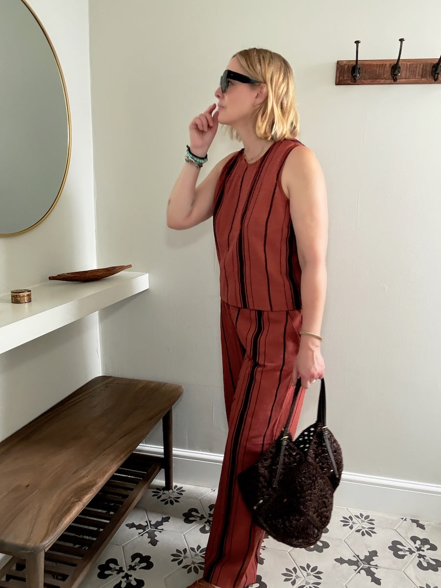 Imogen Linen Cotton Blend Russet Brown Striped Relaxed Trousers