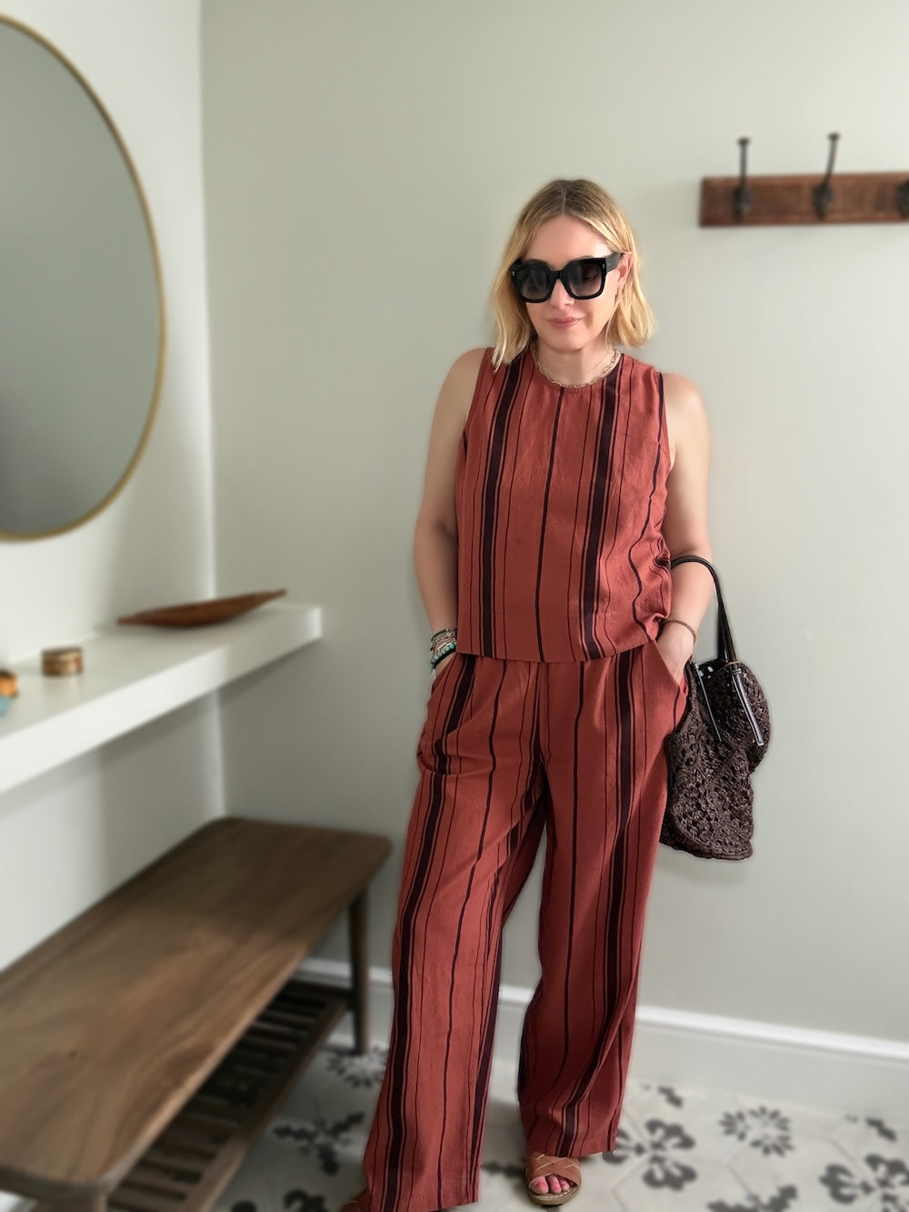 Imogen Linen Cotton Blend Russet Brown Striped Relaxed Trousers