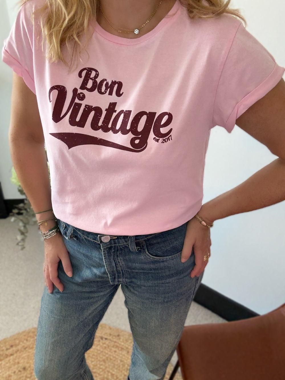 Bon Vintage Retro Tee Pink Maroon