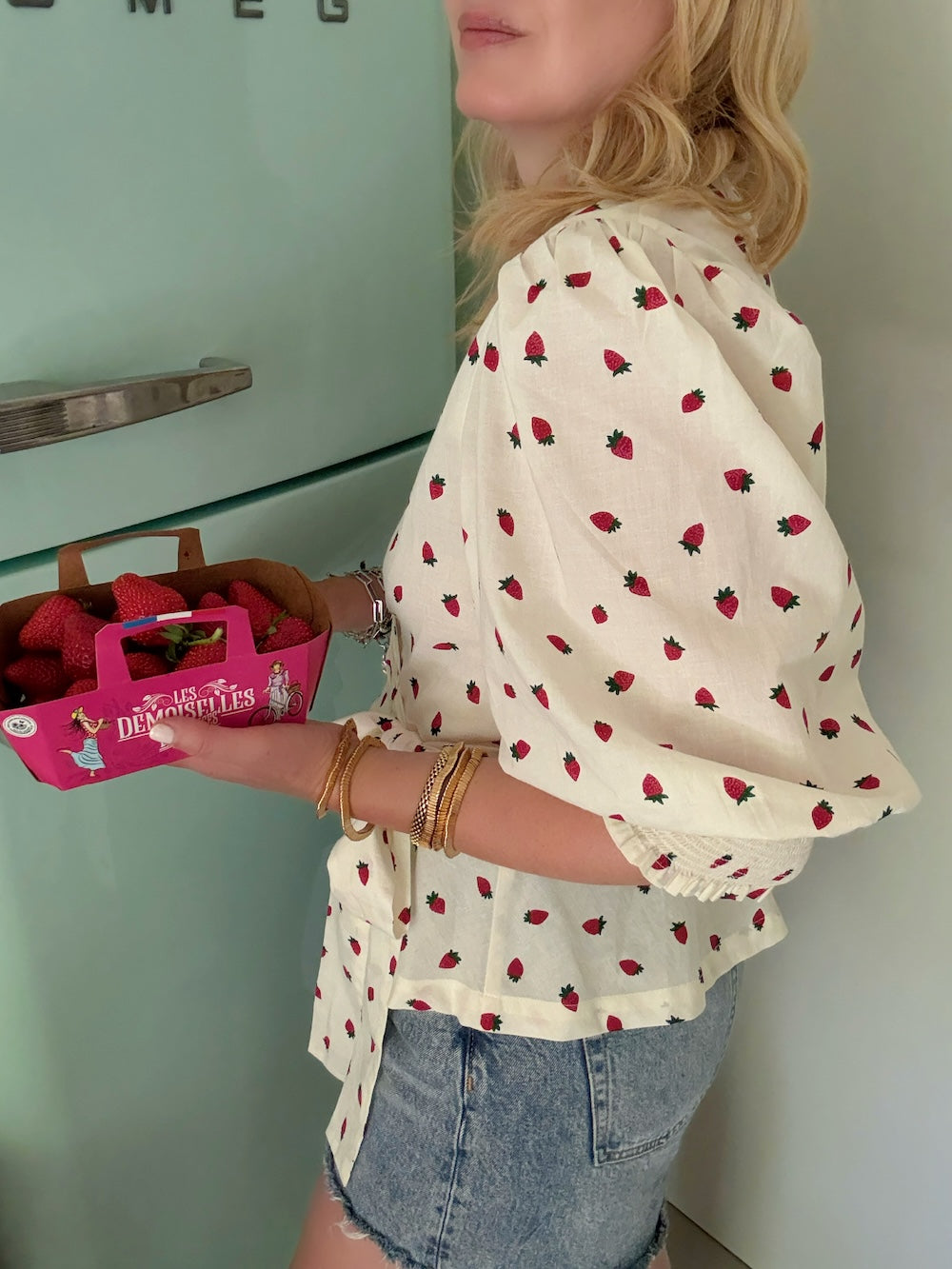 Cara Wrap Blouse with Shirred Cuff Red Strawberries
