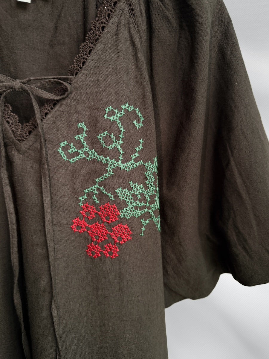 Wendy Short Linen Blend Embroidered Dress Dark Liquorice Brown